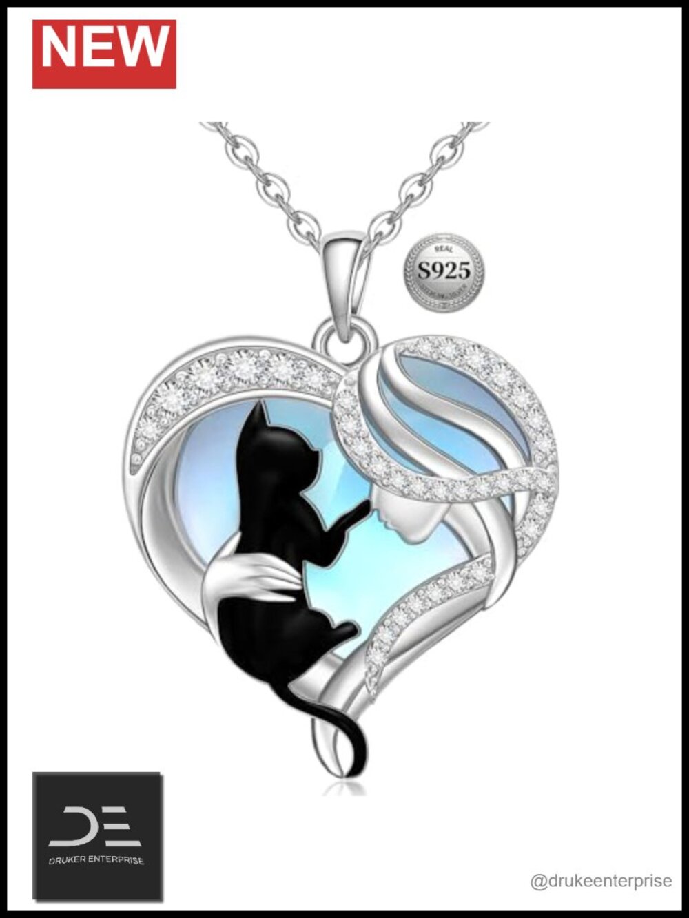 Black Cat Necklace Sterling Silver Heart Pendant Charm for Women Gift